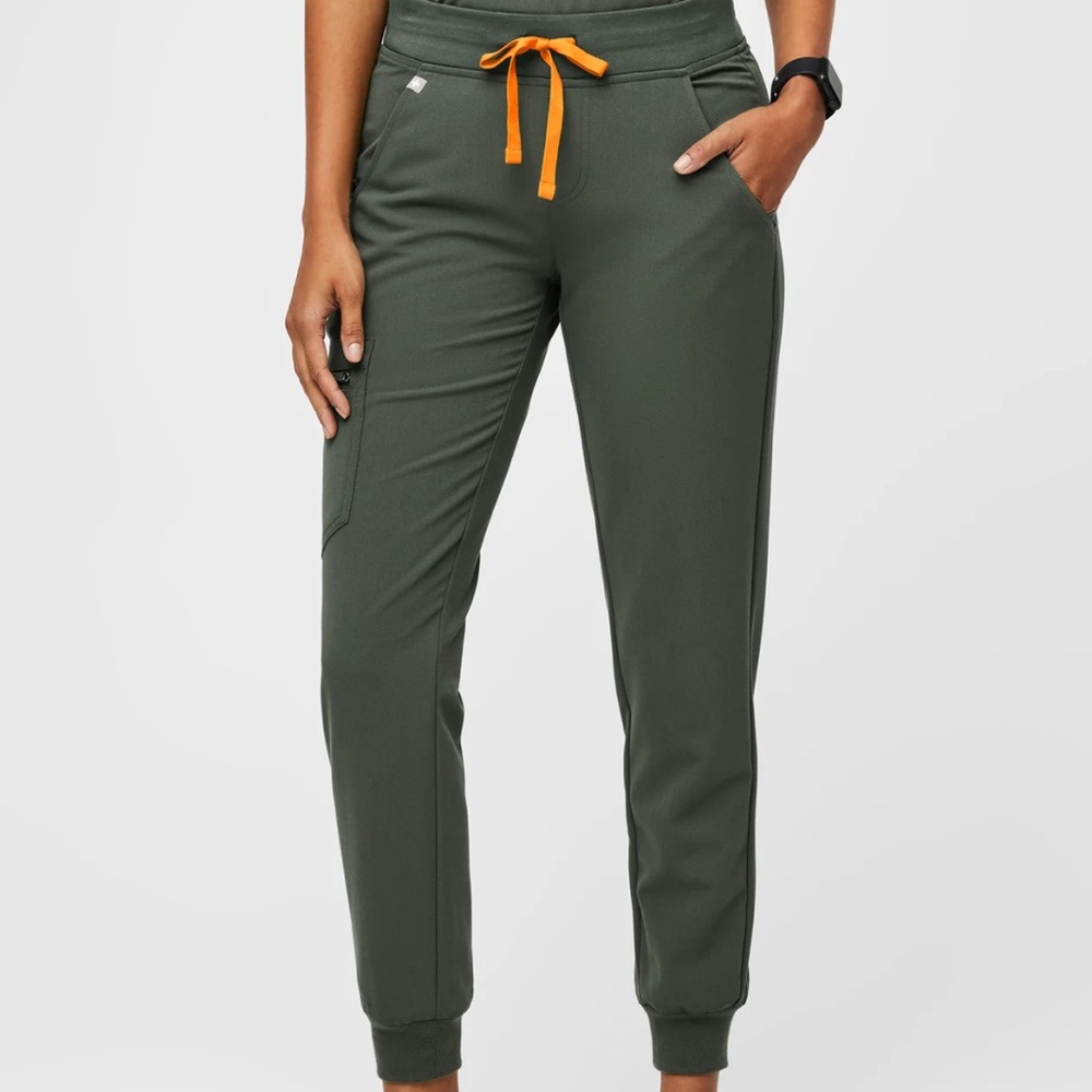 Figs Women's Jogger Pants in Olive Green with Orange Drawstring